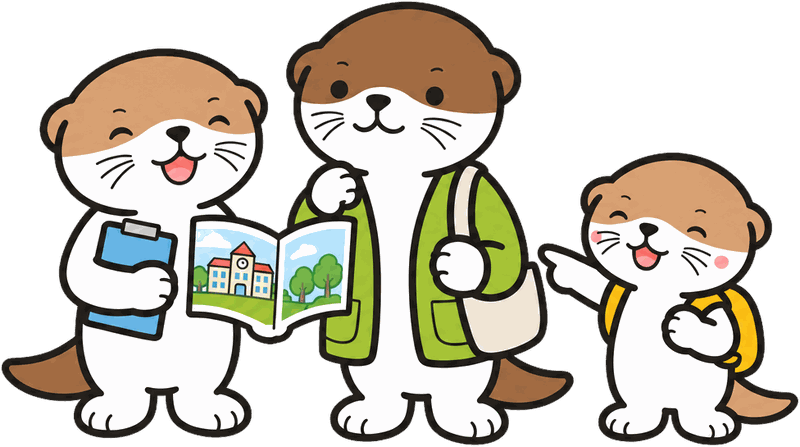 水獭吉祥物拿着学校介绍册，给水獭家长和背书包的小水獭讲解