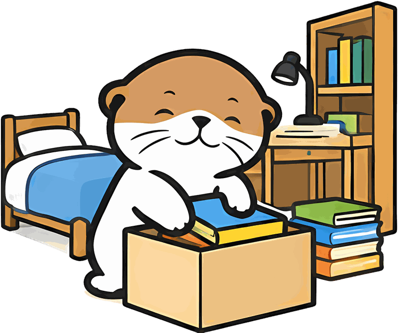 水獭吉祥物在整洁的学生宿舍里搬书整理，房间有床、书桌和书架
