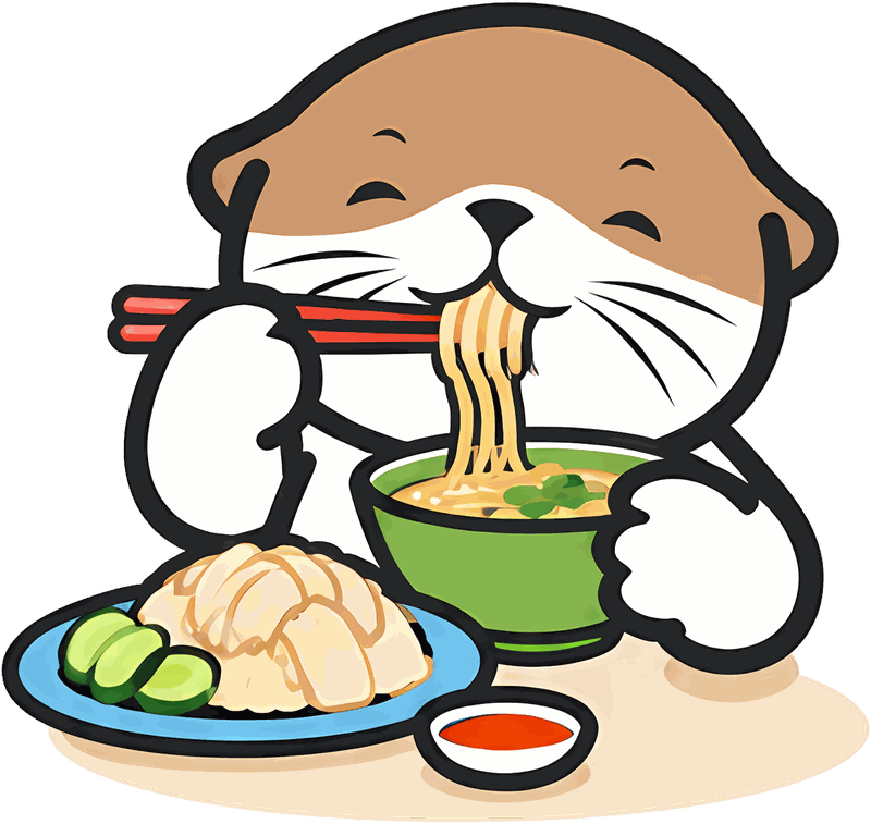 水獭吉祥物在小贩中心用筷子吃饭，餐盘里有鸡饭和汤面