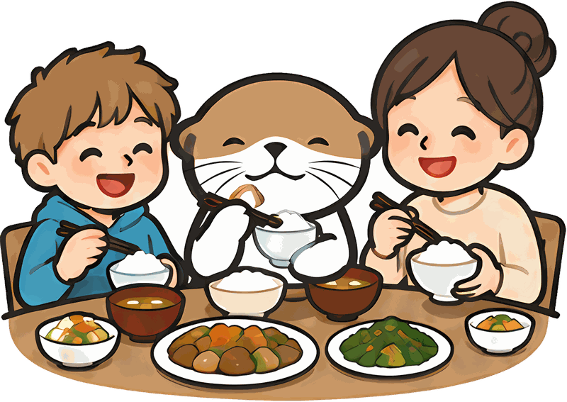 水獭吉祥物与寄宿家庭围坐在餐桌旁一起吃晚饭，桌上摆着米饭、汤和家常菜