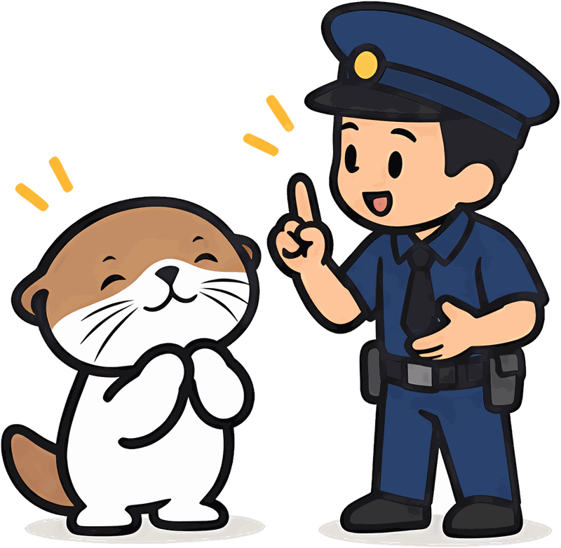 水獭吉祥物在街边听警察讲解,警察竖起一根手指提醒