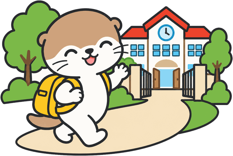 背着黄色大书包的小水獭挥着手,走向红屋顶的学校