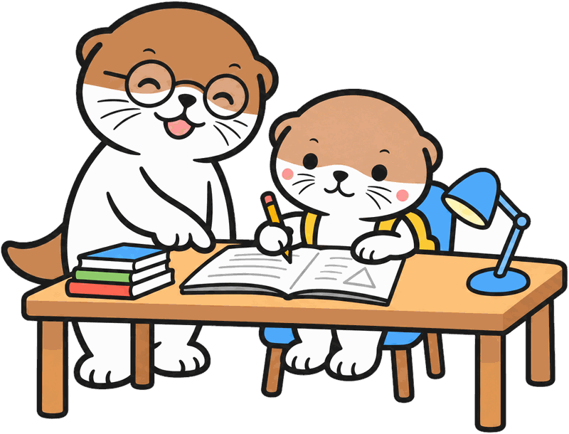 戴圆眼镜的水獭吉祥物在书桌旁指着练习本,给小水獭讲题
