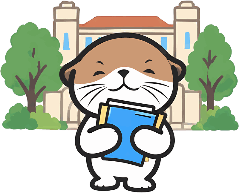 水獭吉祥物站在绿树环绕的大学校园入口，手里拿着资料